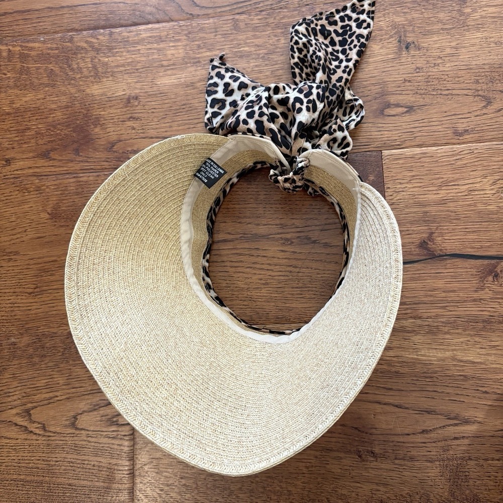 August Hat Company Straw Visor Sun Hat Animal Print Adjustable Tie Beach Travel - Picture 9 of 11
